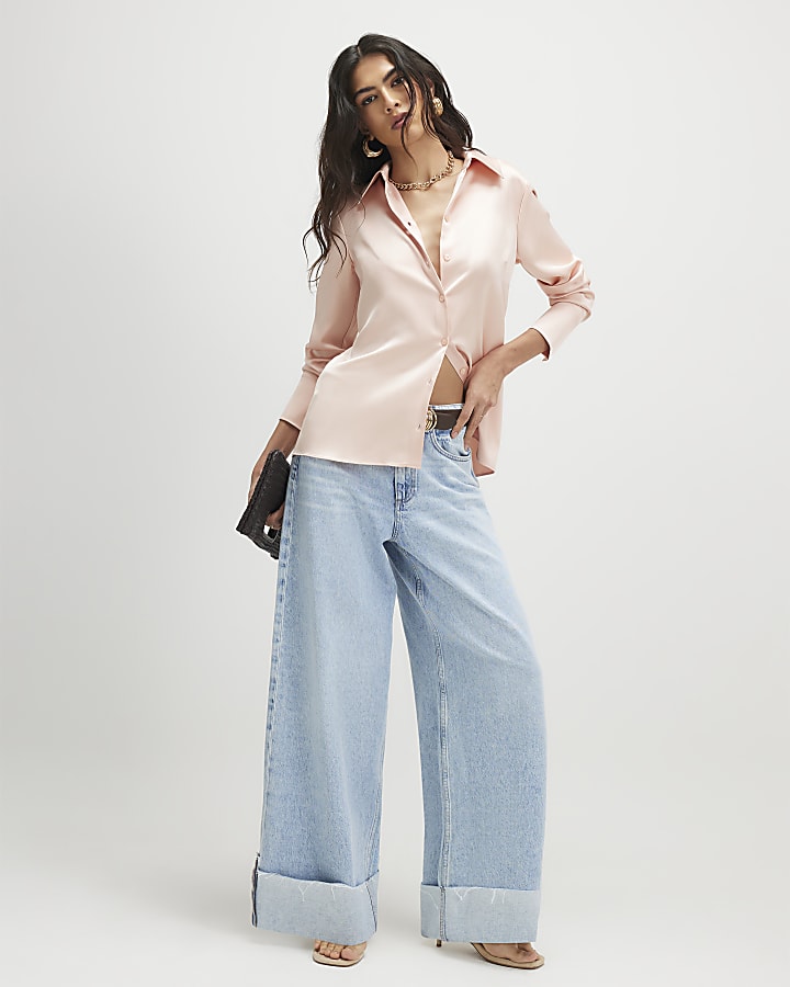 Pink Slim Fit Satin Long Sleeve Shirt