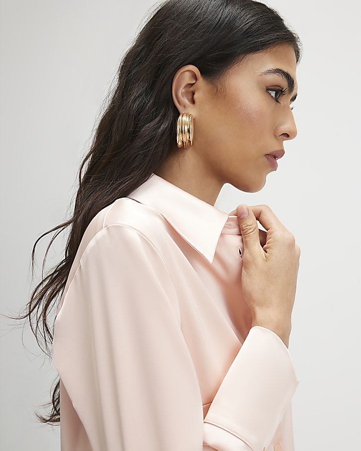 Pink Slim Fit Satin Long Sleeve Shirt