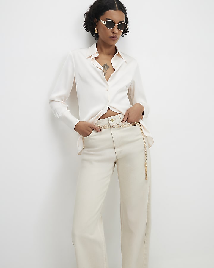 Cream Slim Fit Satin Shirt