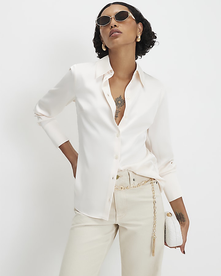 Cream Slim Fit Satin Shirt