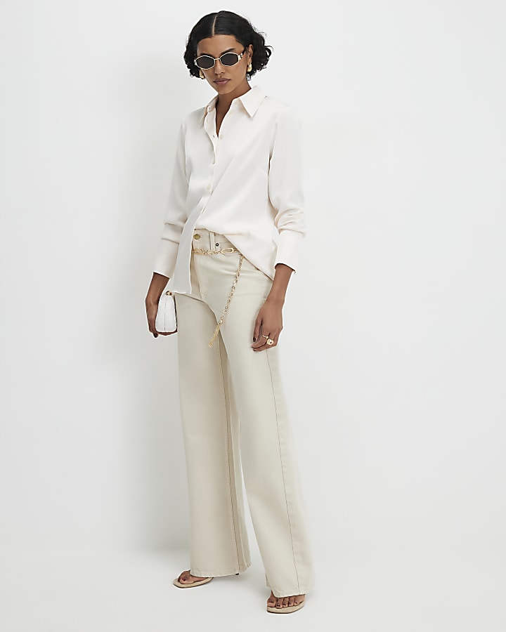 Cream Slim Fit Satin Shirt