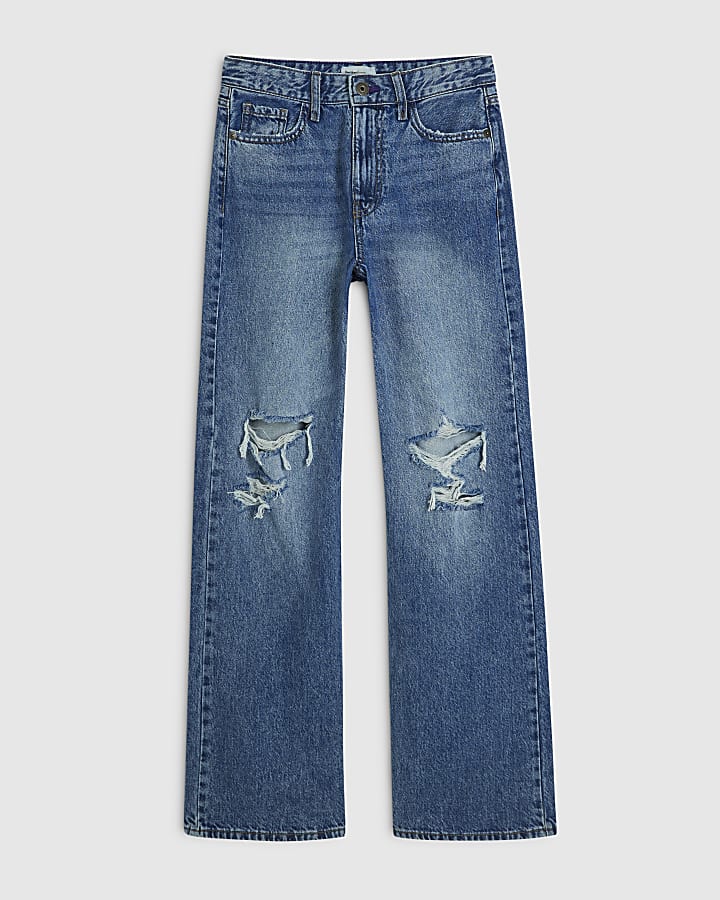 Blue Ripped Relaxed Straight Leg Jeans