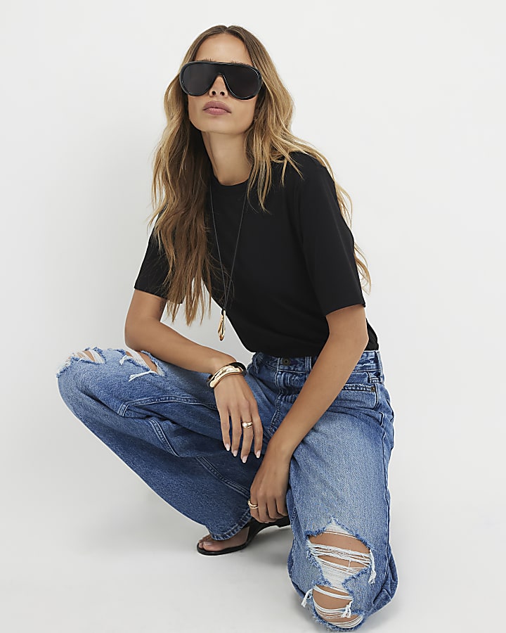 Blue Ripped Relaxed Straight Leg Jeans