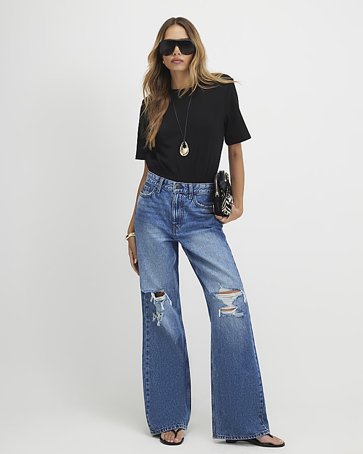 Blue Ripped Relaxed Straight Leg Jeans