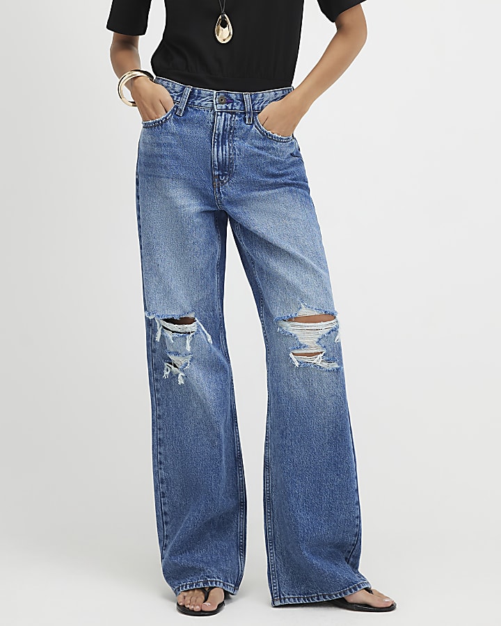 Blue Ripped Relaxed Straight Leg Jeans