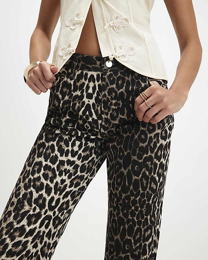 Beige Leopard 90s Slim Straight Leg Jeans
