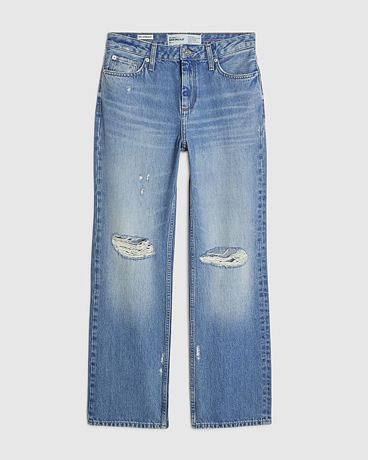 Blue 90s Slim Straight Leg Ripped Jeans