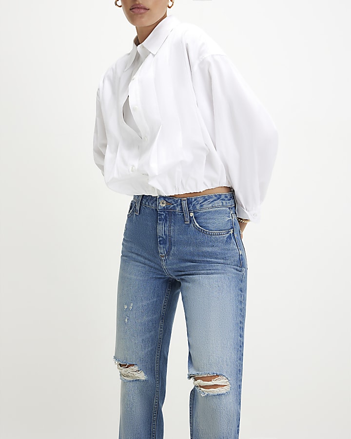 Blue 90s Slim Straight Leg Ripped Jeans