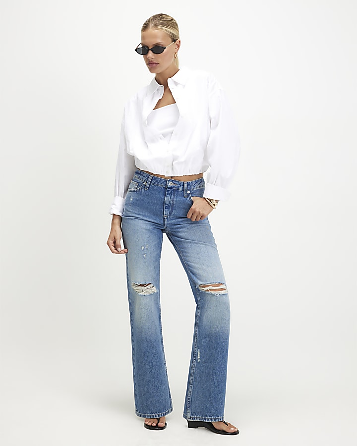 Blue 90s Slim Straight Leg Ripped Jeans