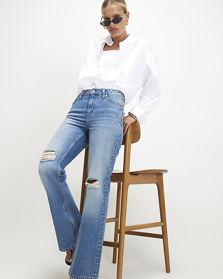 Blue 90s Slim Straight Leg Ripped Jeans