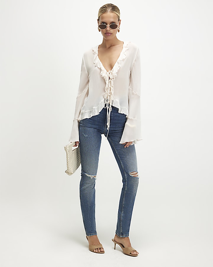 Blue Cigarette Leg Ripped Jeans