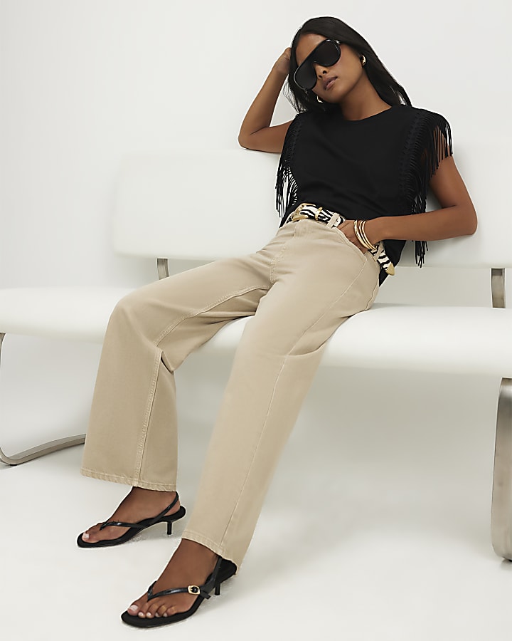 Petite Beige Relaxed Straight Leg Jeans