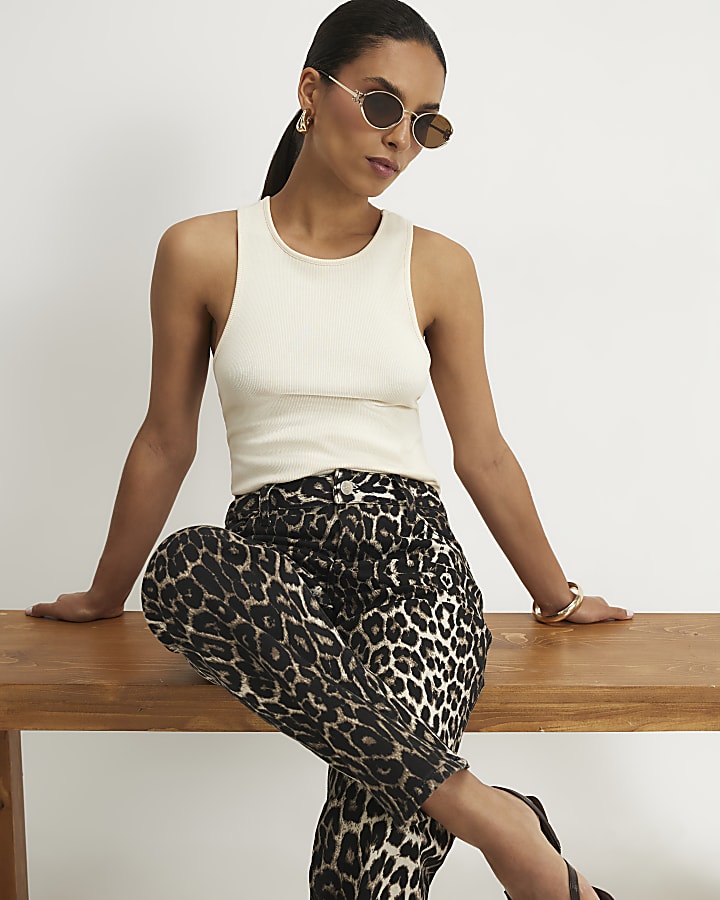 Petite Black Leopard Slim Straight Leg Jeans
