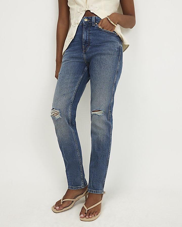 Petite Blue Cigarette Leg Ripped Jeans
