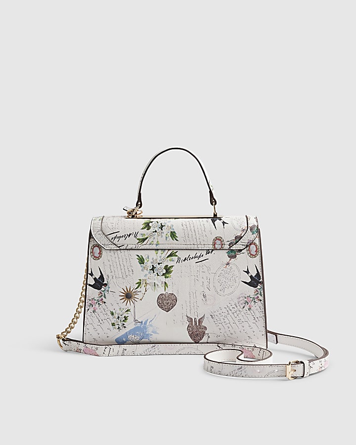 Cream Postcard Print Medium Charm Tote Bag