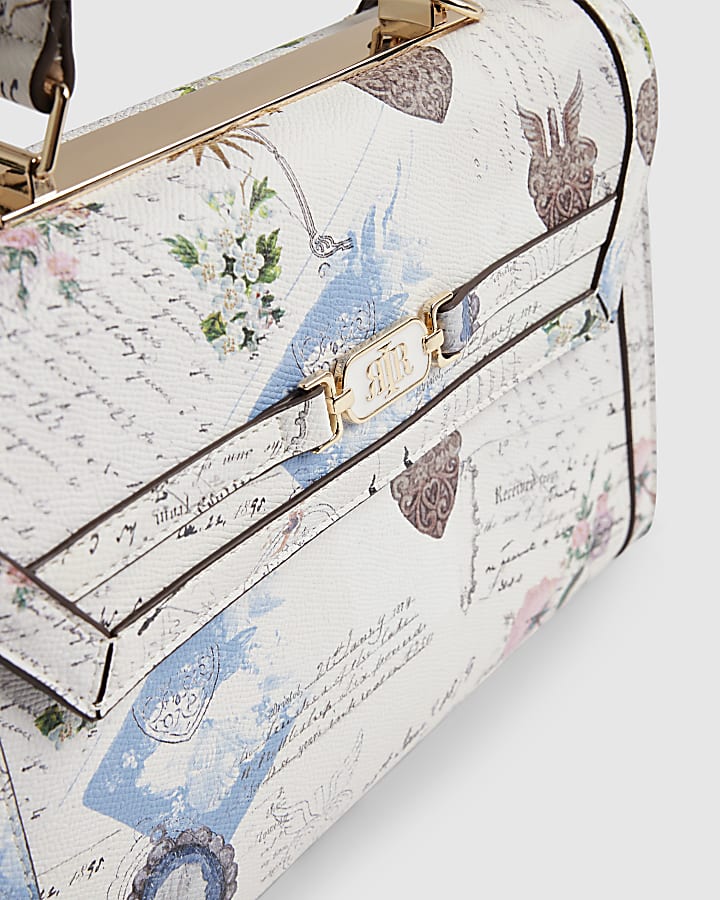 Cream Postcard Print Medium Charm Tote Bag