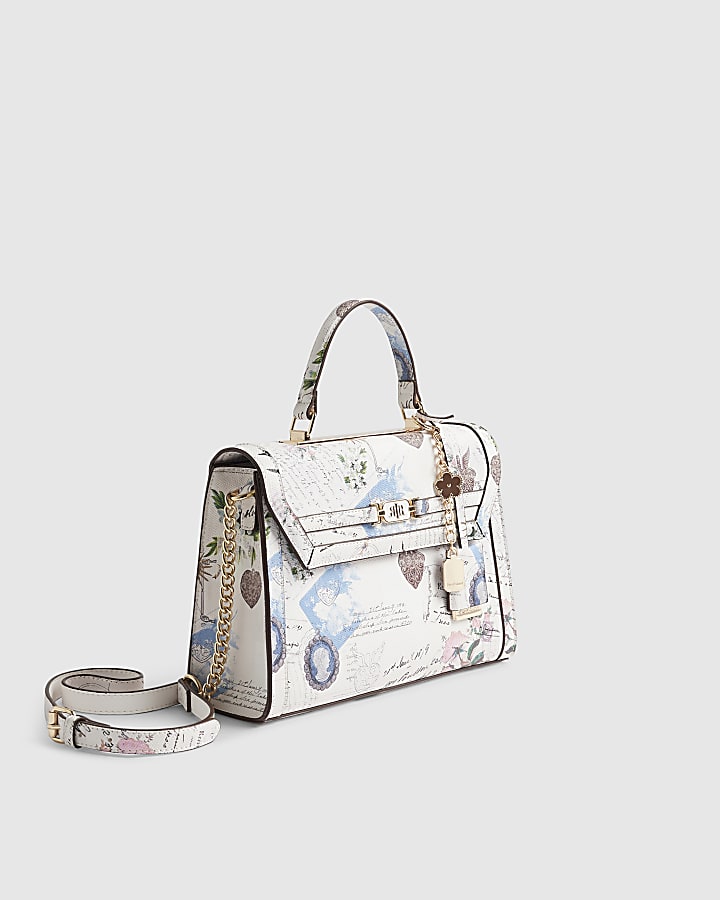 Cream Postcard Print Medium Charm Tote Bag