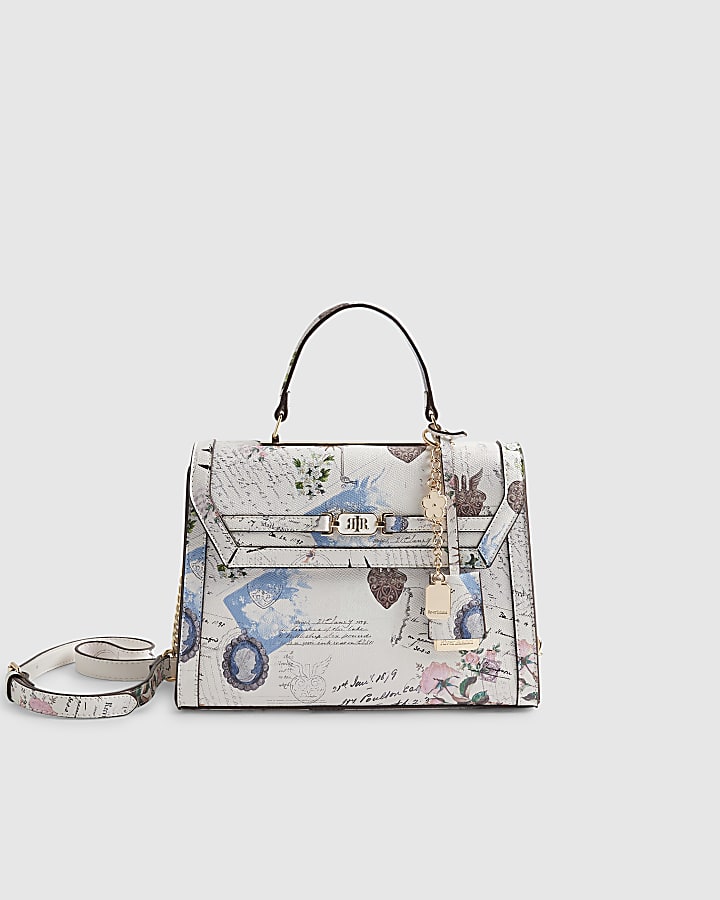 Cream Postcard Print Medium Charm Tote Bag