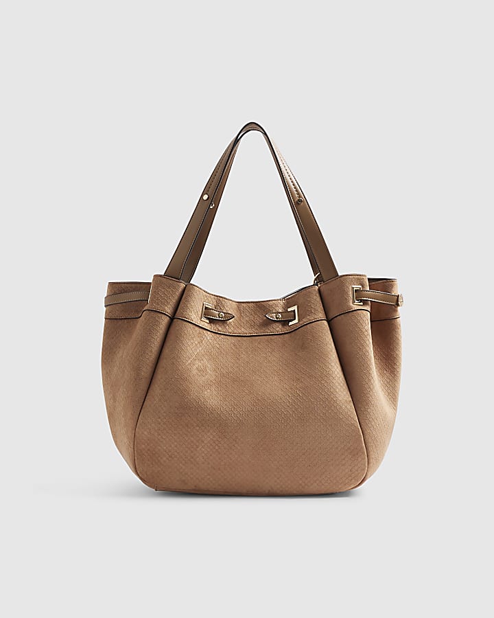 Brown Faux Suede Monogram Winged Shopper Bag