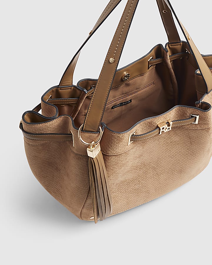 Brown Faux Suede Monogram Winged Shopper Bag