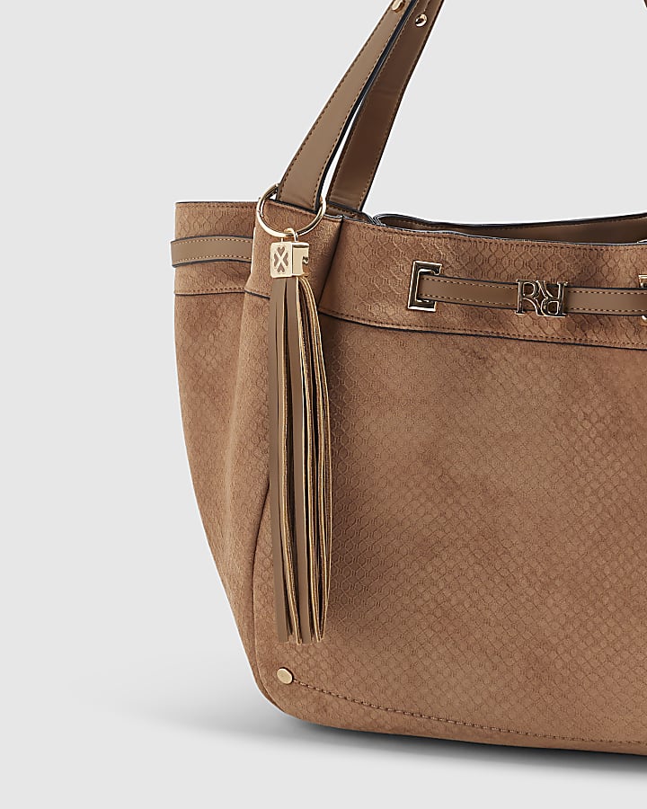 Brown Faux Suede Monogram Winged Shopper Bag