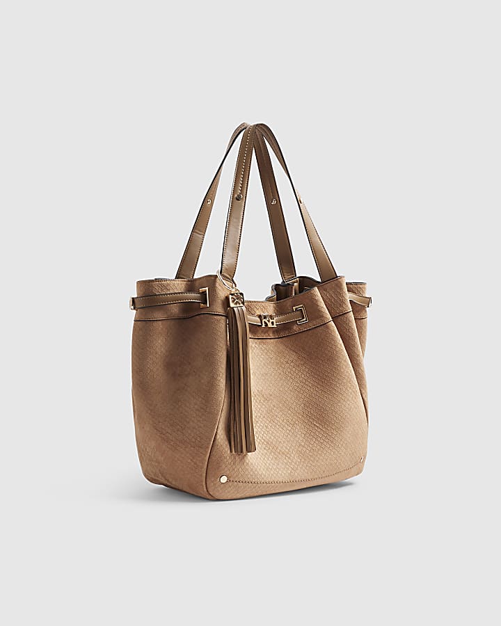 Brown Faux Suede Monogram Winged Shopper Bag