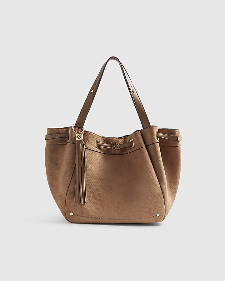 Brown Faux Suede Monogram Winged Shopper Bag