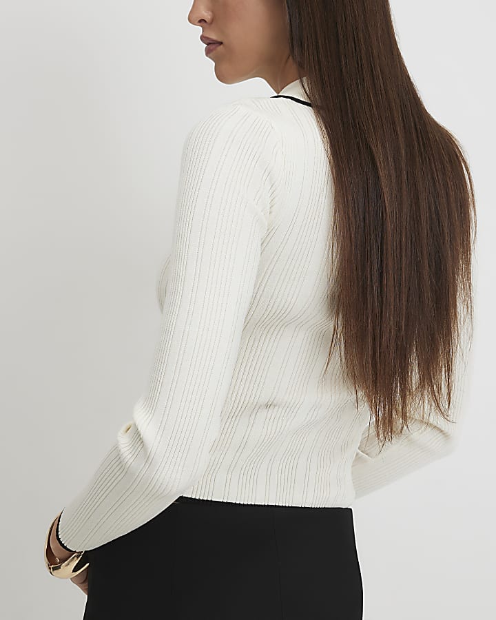 Cream Knit Long Sleeve Polo Top