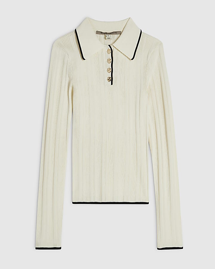Cream Knit Long Sleeve Polo Top