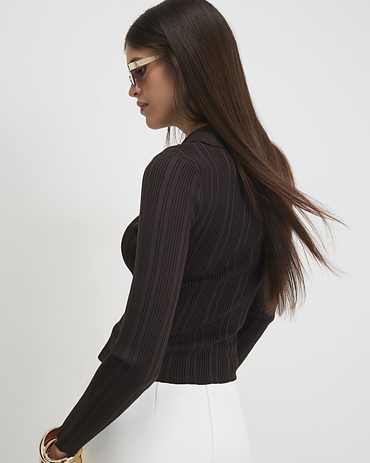 Brown Knit Long Sleeve Polo Top