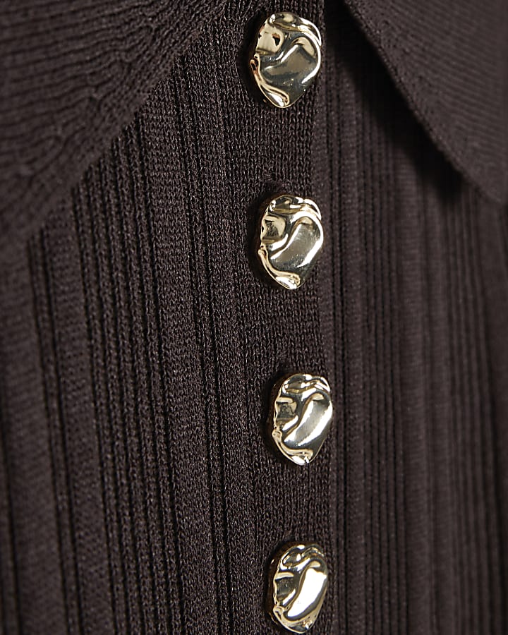 Brown Knit Long Sleeve Polo Top