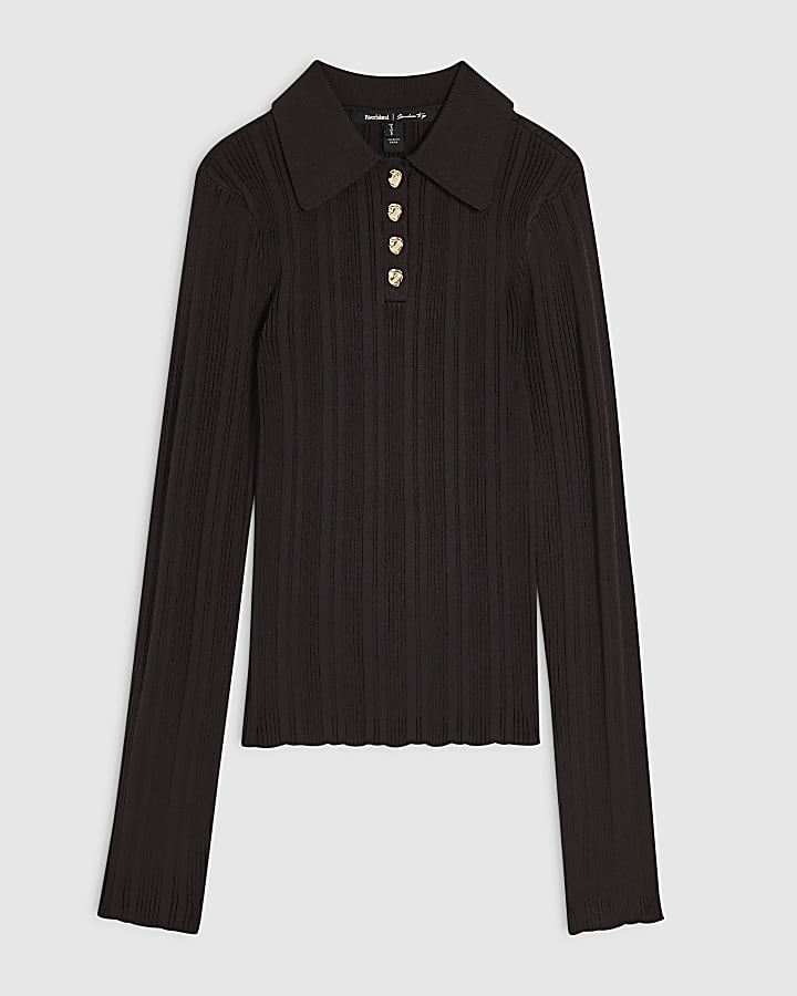 Brown Knit Long Sleeve Polo Top