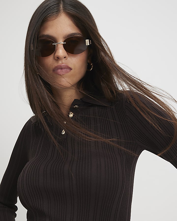 Brown Knit Long Sleeve Polo Top