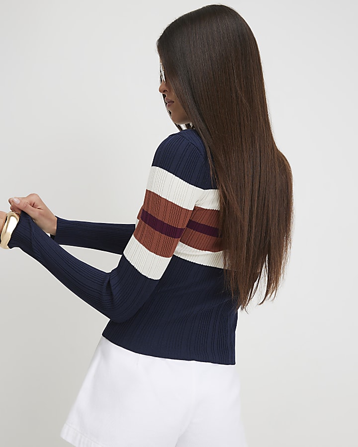 Navy Cotton Stripe Long Sleeve Polo Top