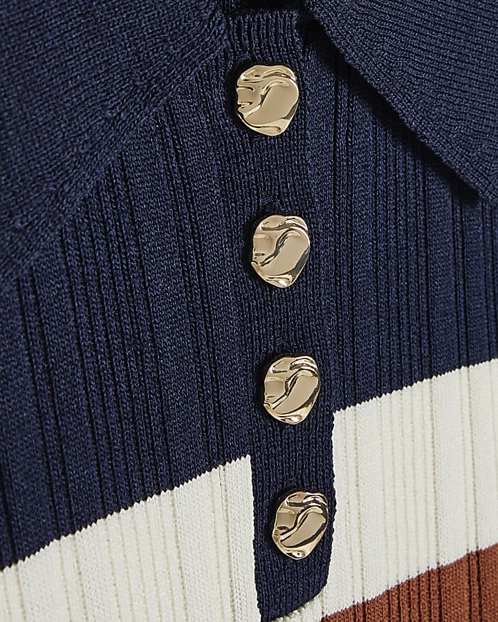 Navy Cotton Stripe Long Sleeve Polo Top