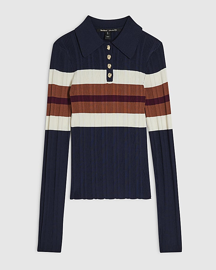 Navy Cotton Stripe Long Sleeve Polo Top