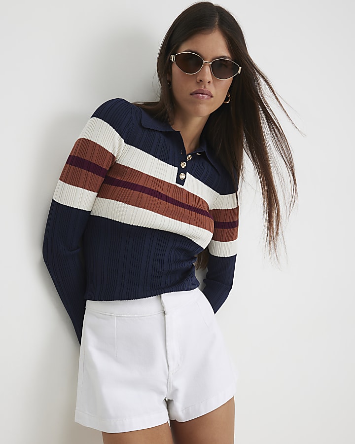 Navy Cotton Stripe Long Sleeve Polo Top