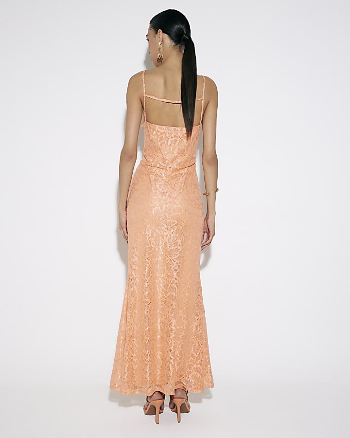 Orange Lace Drape Maxi Dress