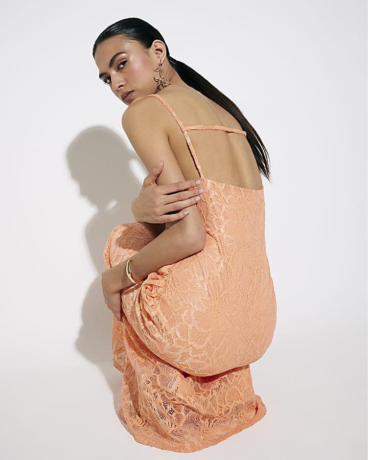Orange Lace Drape Maxi Dress