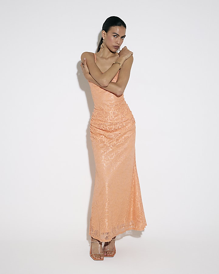 Orange Lace Drape Maxi Dress