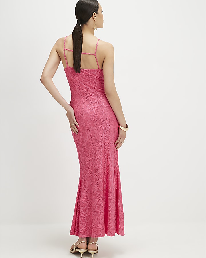 Pink Lace Drape Maxi Dress