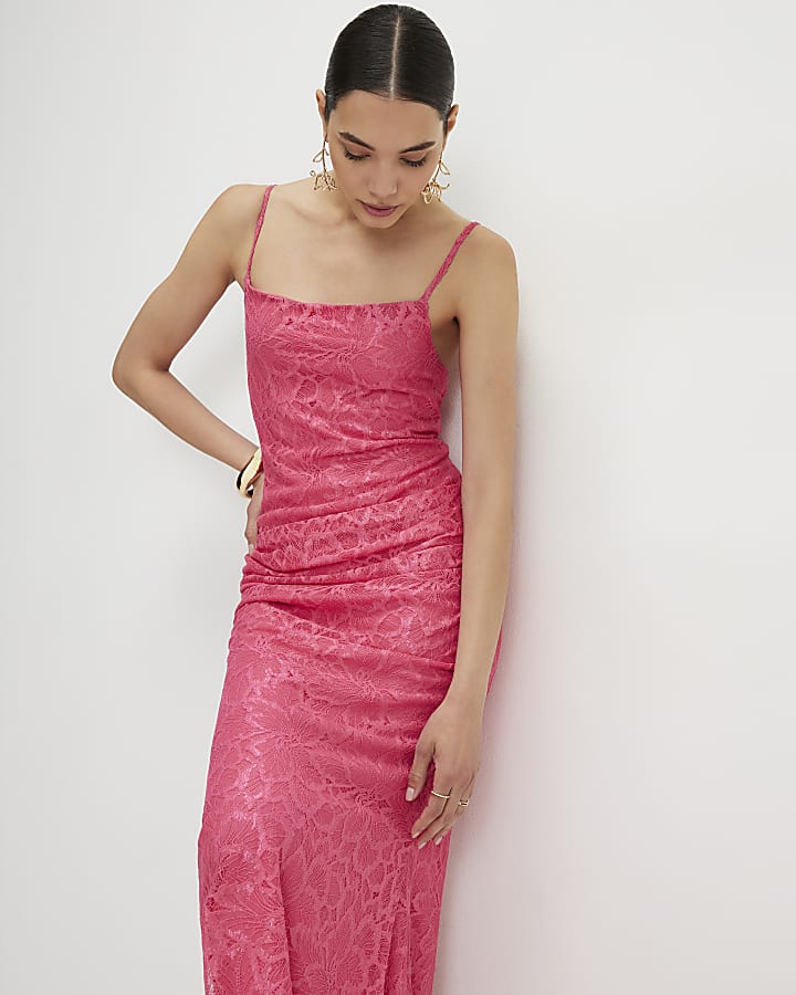 Pink Lace Drape Maxi Dress