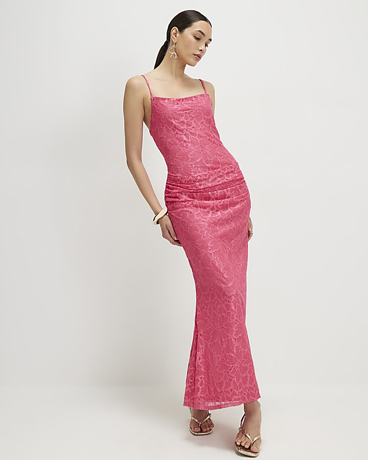 Pink Lace Drape Maxi Dress