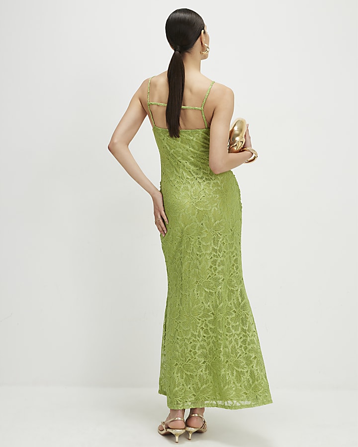 Green Lace Drape Maxi Dress