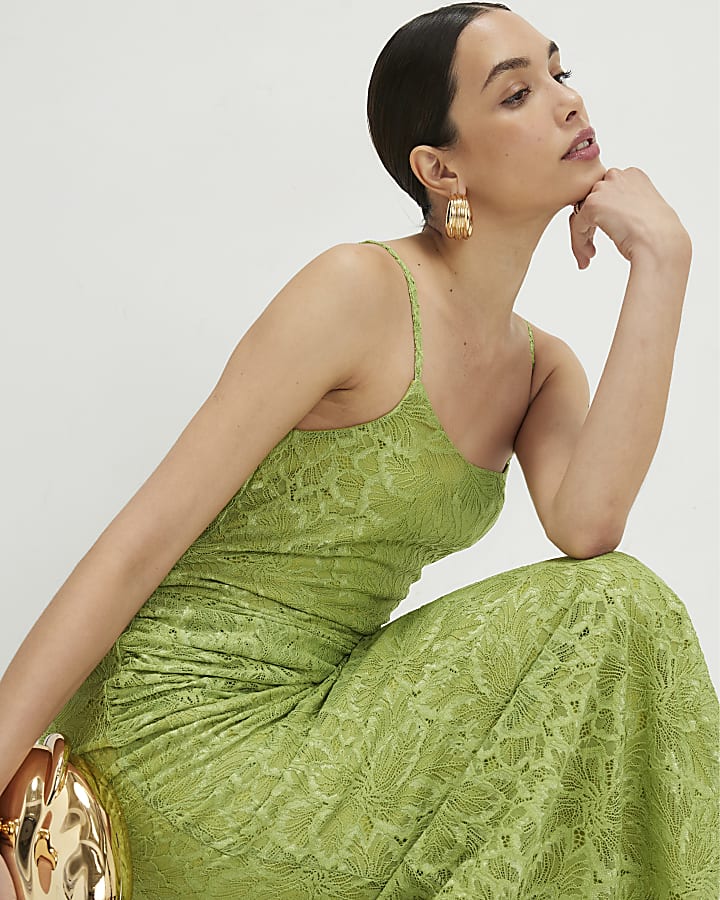 Green Lace Drape Maxi Dress