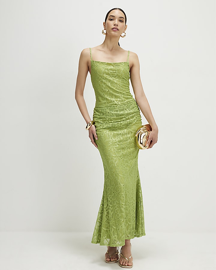 Green Lace Drape Maxi Dress