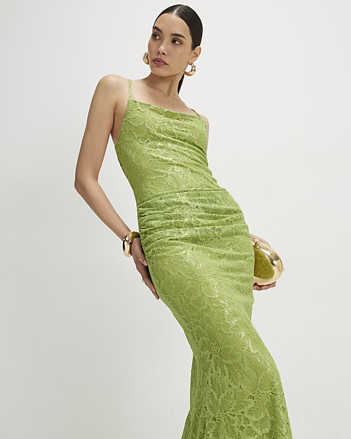 Green Lace Drape Maxi Dress