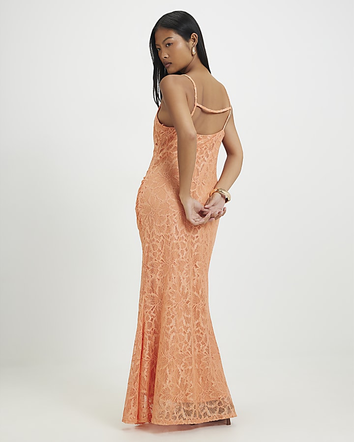 Petite Orange Lace Drape Maxi Dress