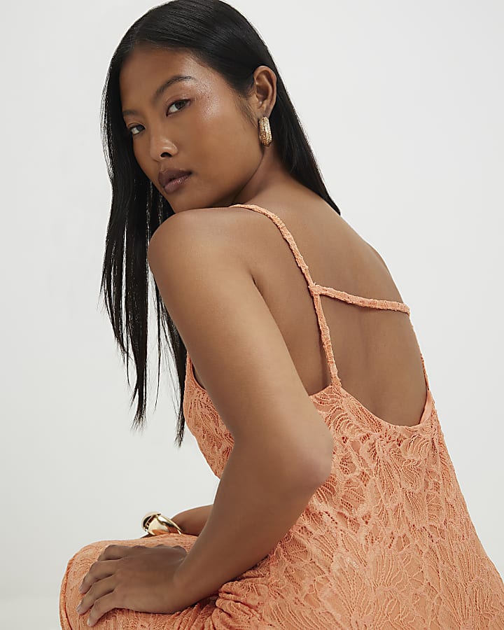 Petite Orange Lace Drape Maxi Dress