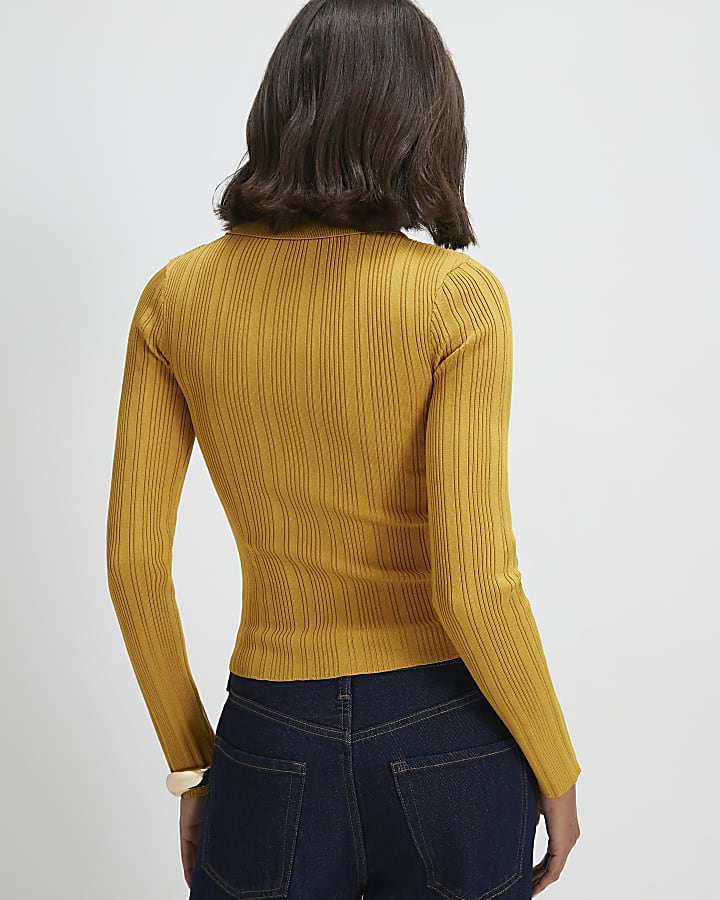 Yellow Knit Long Sleeve Polo Top